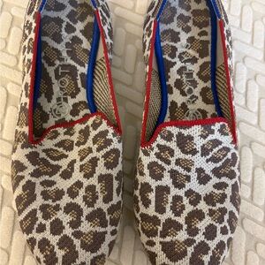 Rothy’s Brown Leopard Print Flat Loafers with Red and Blue Trim
